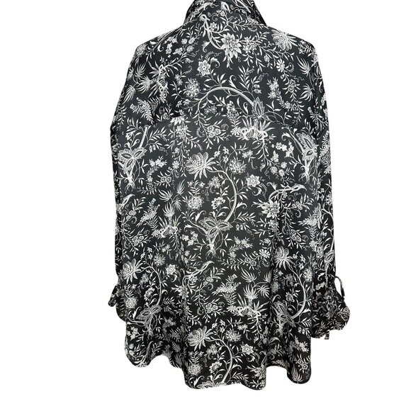 H&M Womens Black White Floral Print Blouse Top Large Long Sleeve Ruffle Tunic - Picture 4 of 11